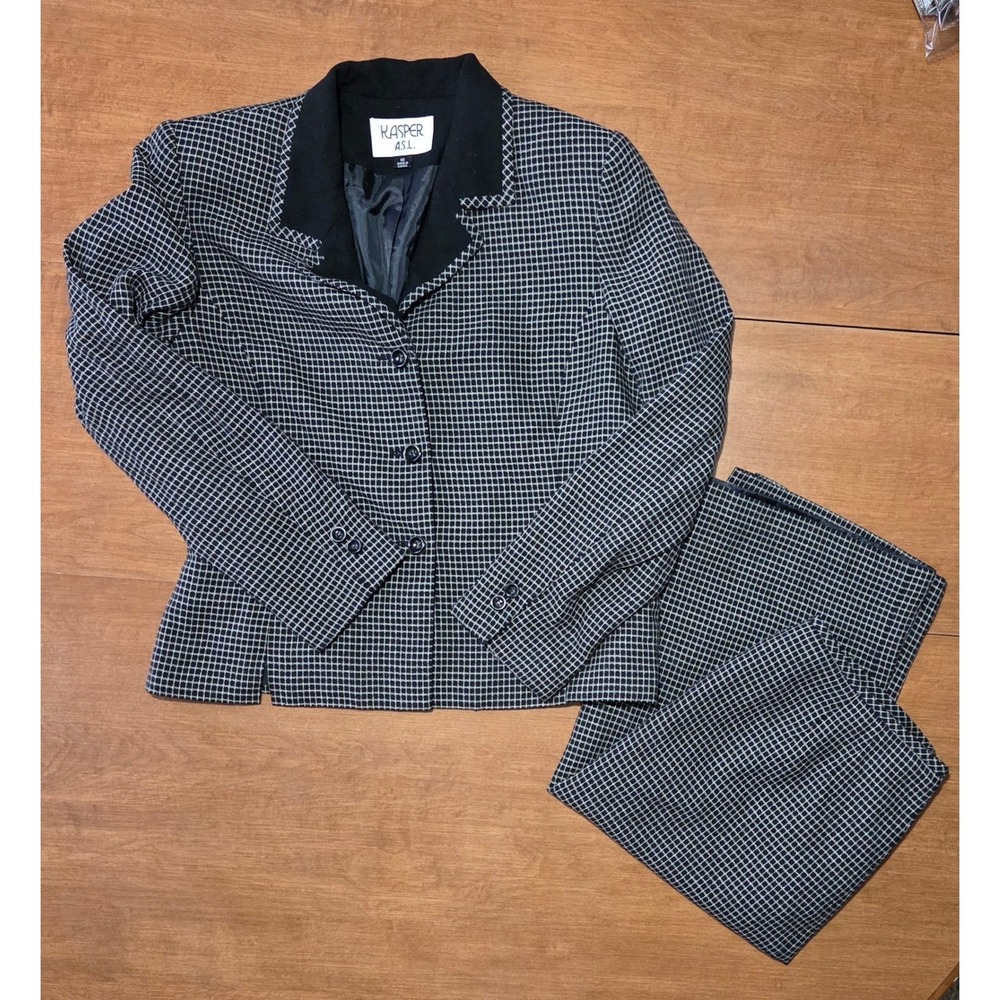 Vintage Kasper ASL Black White Grid Skirt Suit Set 90s Blazer Skirt Size 10